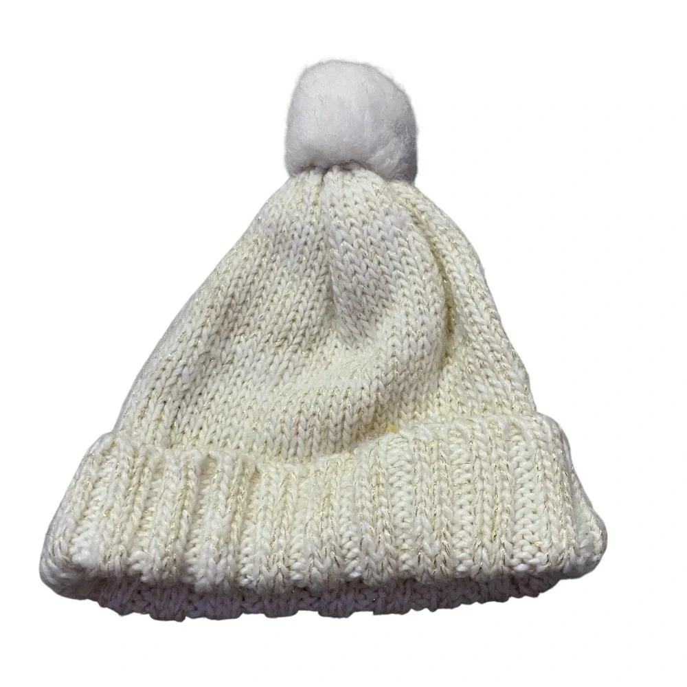 Falls Creek Knit Beanie Kids One Size Cream Gold Metallic Sparkle Pom Pom Hat